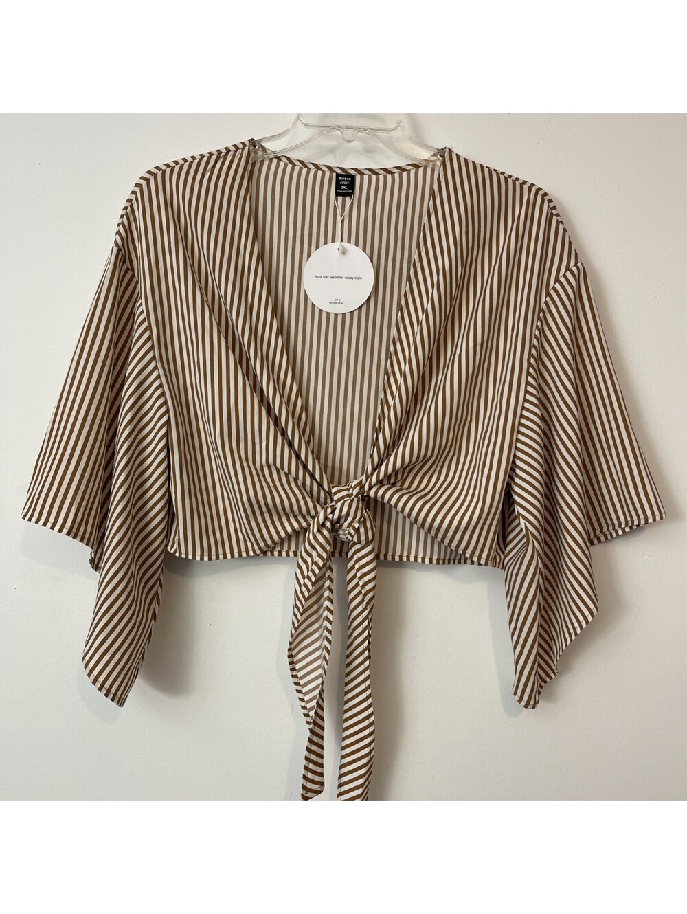 Shein Curve Vcay Womens 3xl Brown Striped Crop Front-Tie Cover Blouse NWT! M1182